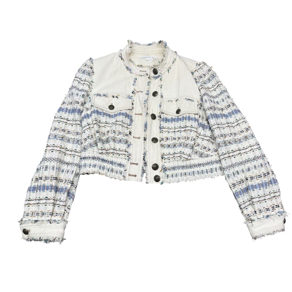 Veronica Beard Darren Tweed Jacket Ecru Multi Fringe Crop Jacket US 12 - Picture 7 of 14